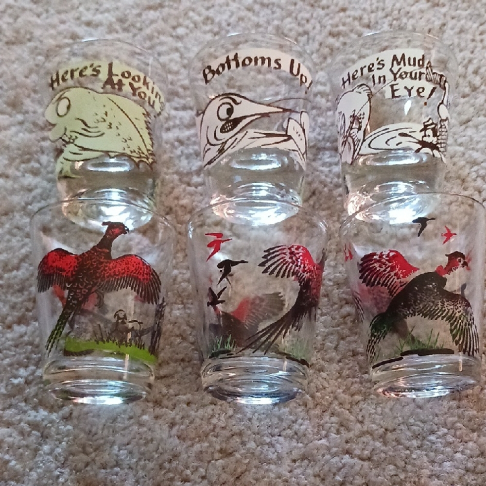 Vintage~ 6 assorted shot glasses- Pheasants & Silly Fishing